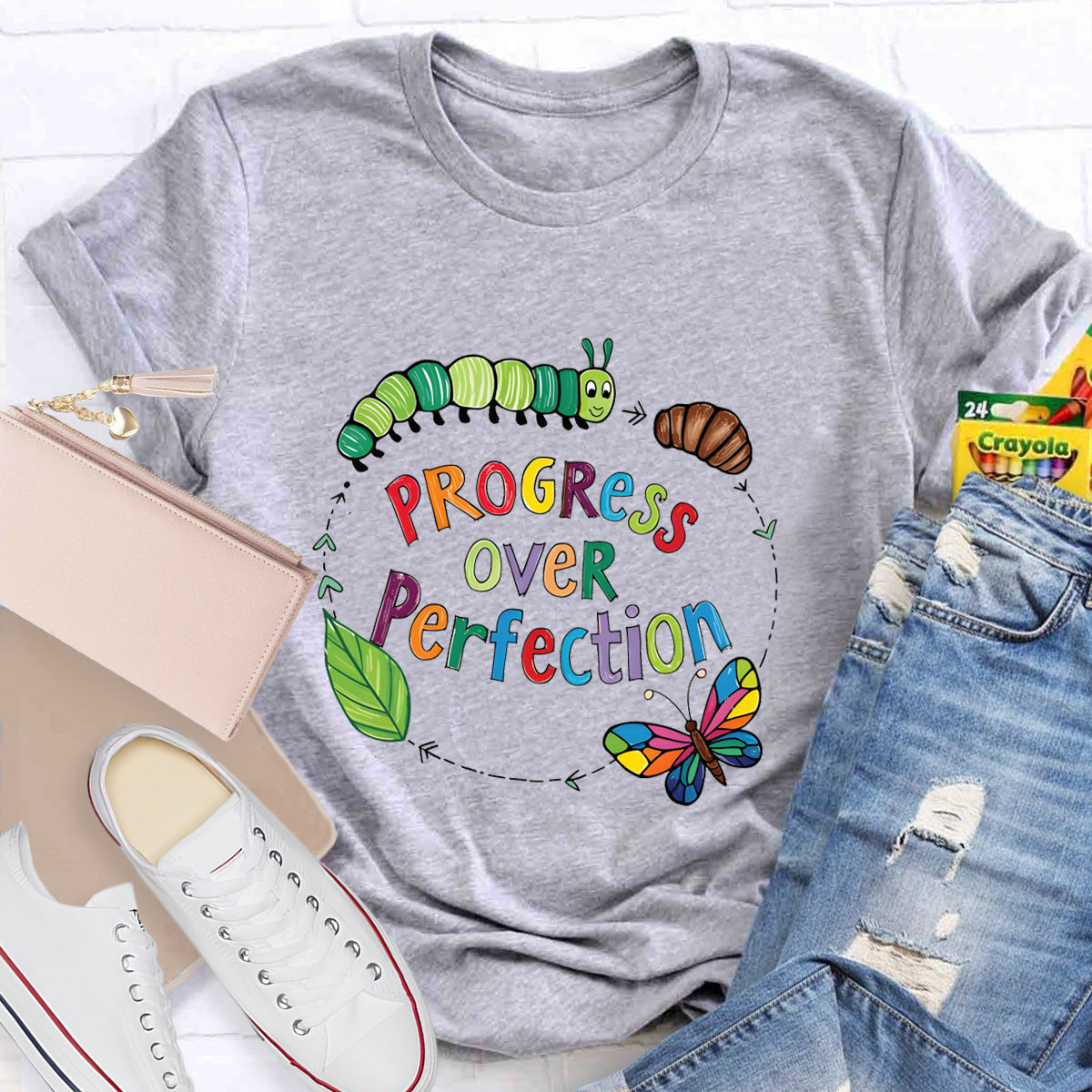 Progress Over Perfection Butterfly Teacher T-Shirt
