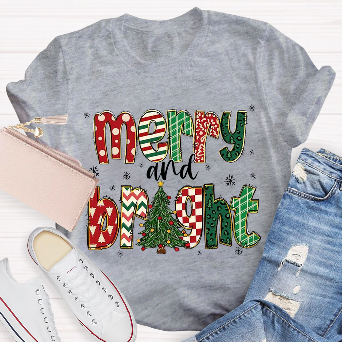 Merry and Bright Retro Christmas Tree Teacher T-Shirt