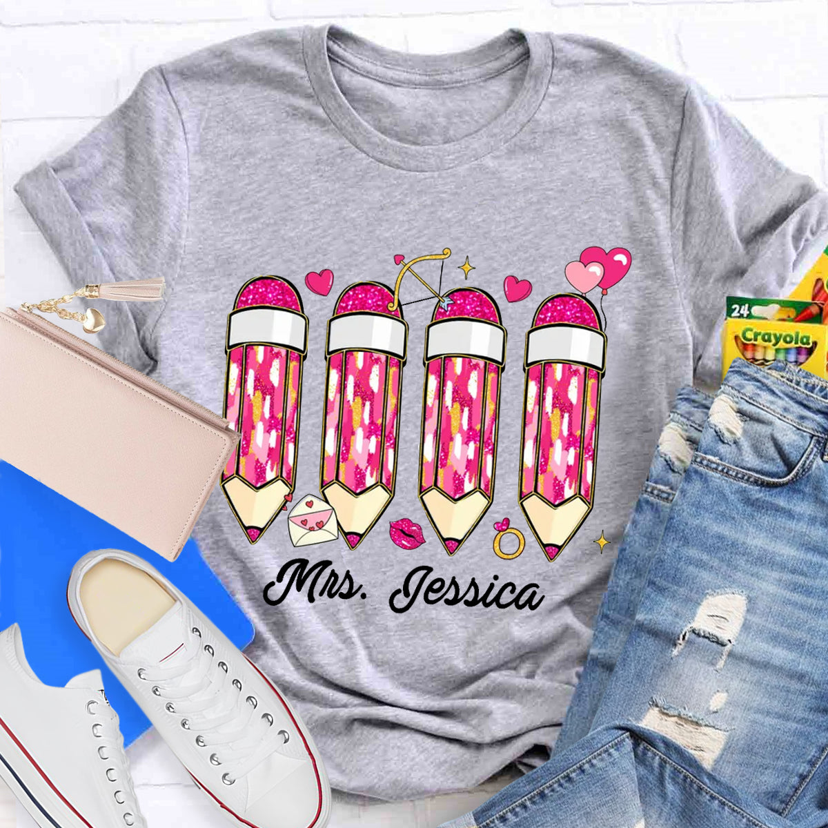 Personalized Name Pink Pencil Teacher T-Shirt