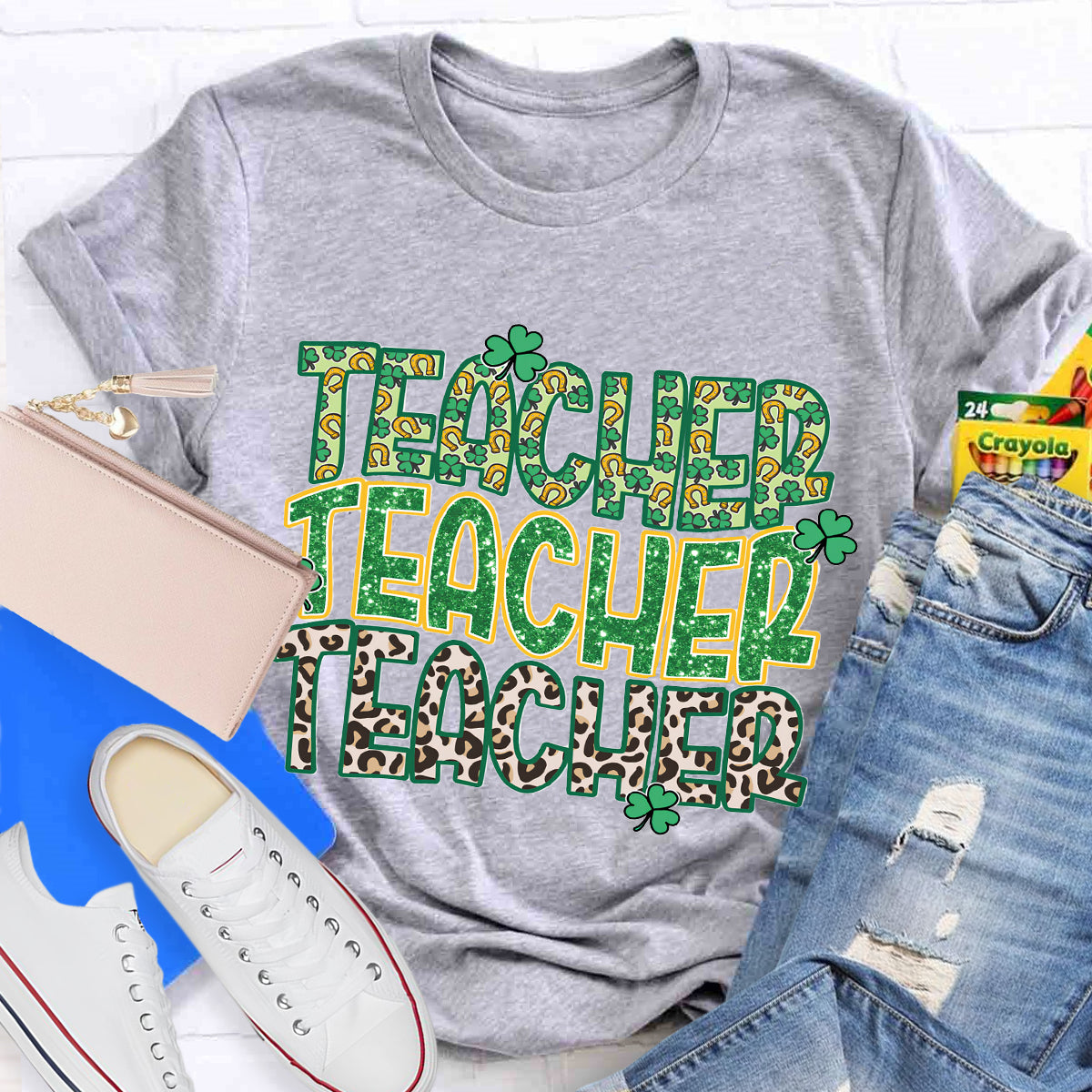 Green Clover Leopard Print Design Teacher T-Shirt