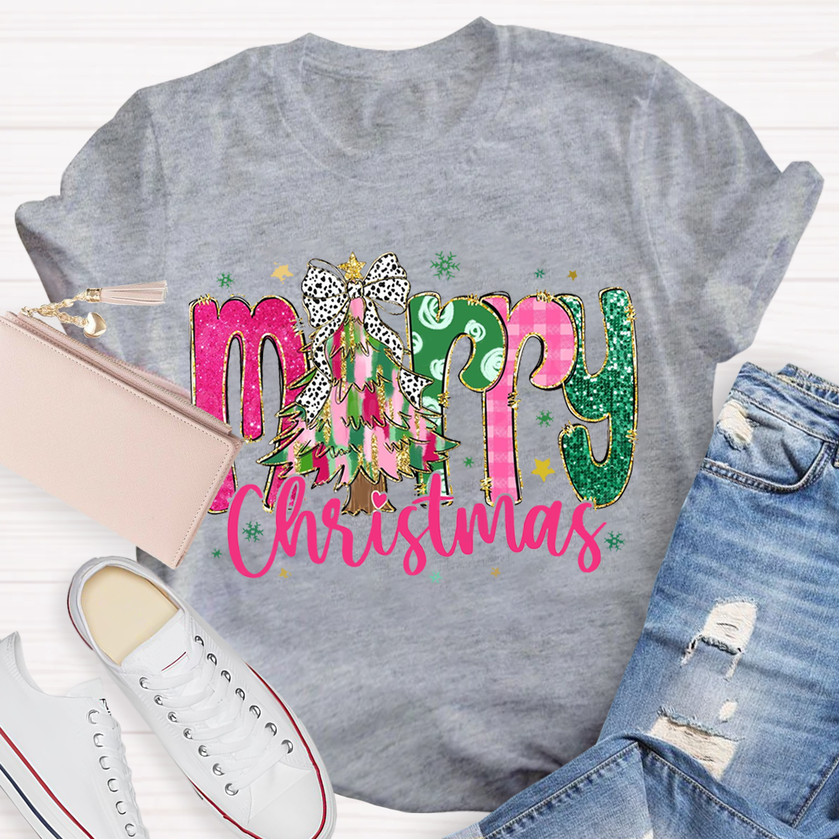 Colorful Glitter Merry Christmas Teacher T-Shirt