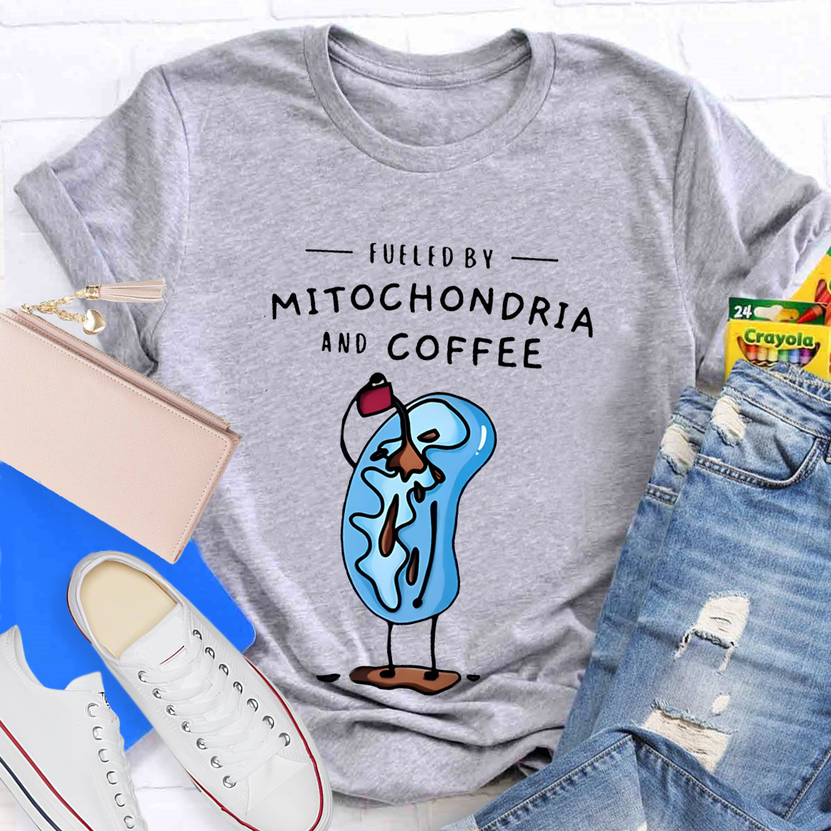 Fueled By Mitochondria And Coffee Funny Science Teacher T-Shirt