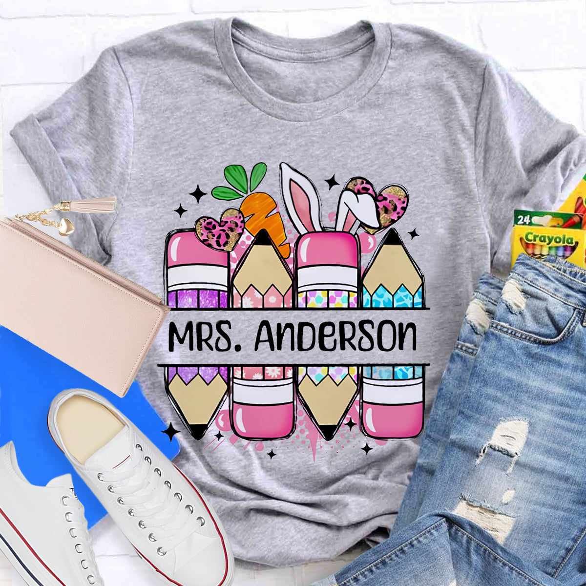 Personalized Name Cute Easter Pencils Teacher T-Shirt