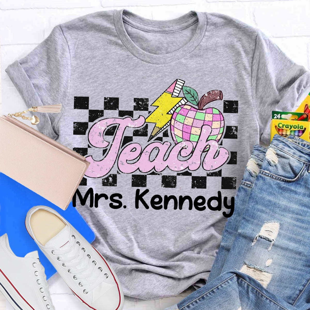 Personalized Teacher Name Retro Checkered Teacher T-Shirt