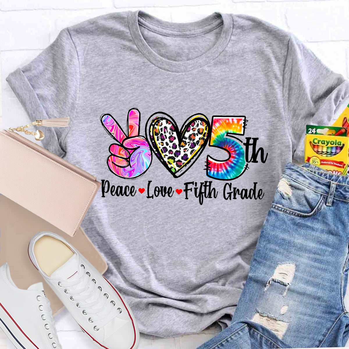 Personalized Grade Peace Love 5th Grade Teacher T-Shirt