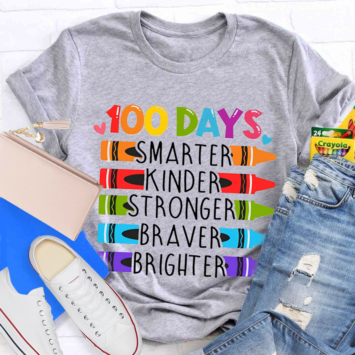 100 Days Smarter Kinder Stronger Crayon T-Shirt