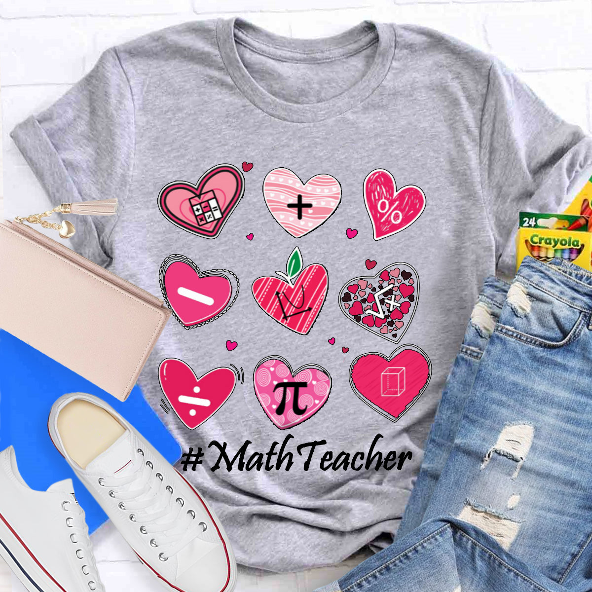 Pink Heart Math Symbols Teacher T-Shirt