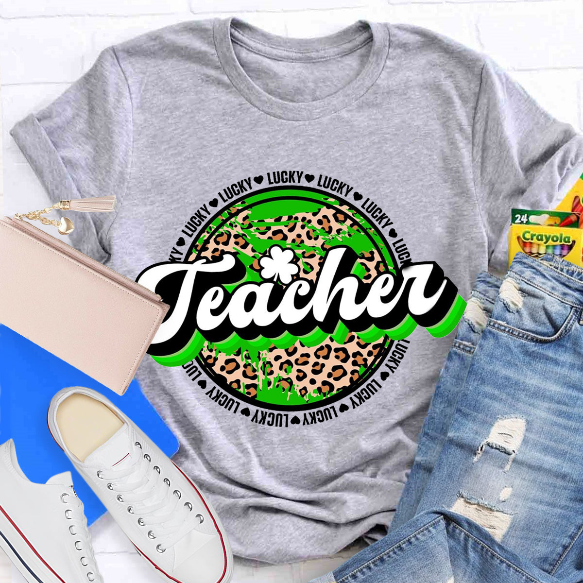 St. Patrick's Day Lucky Leopard Shamrock Teacher T-Shirt