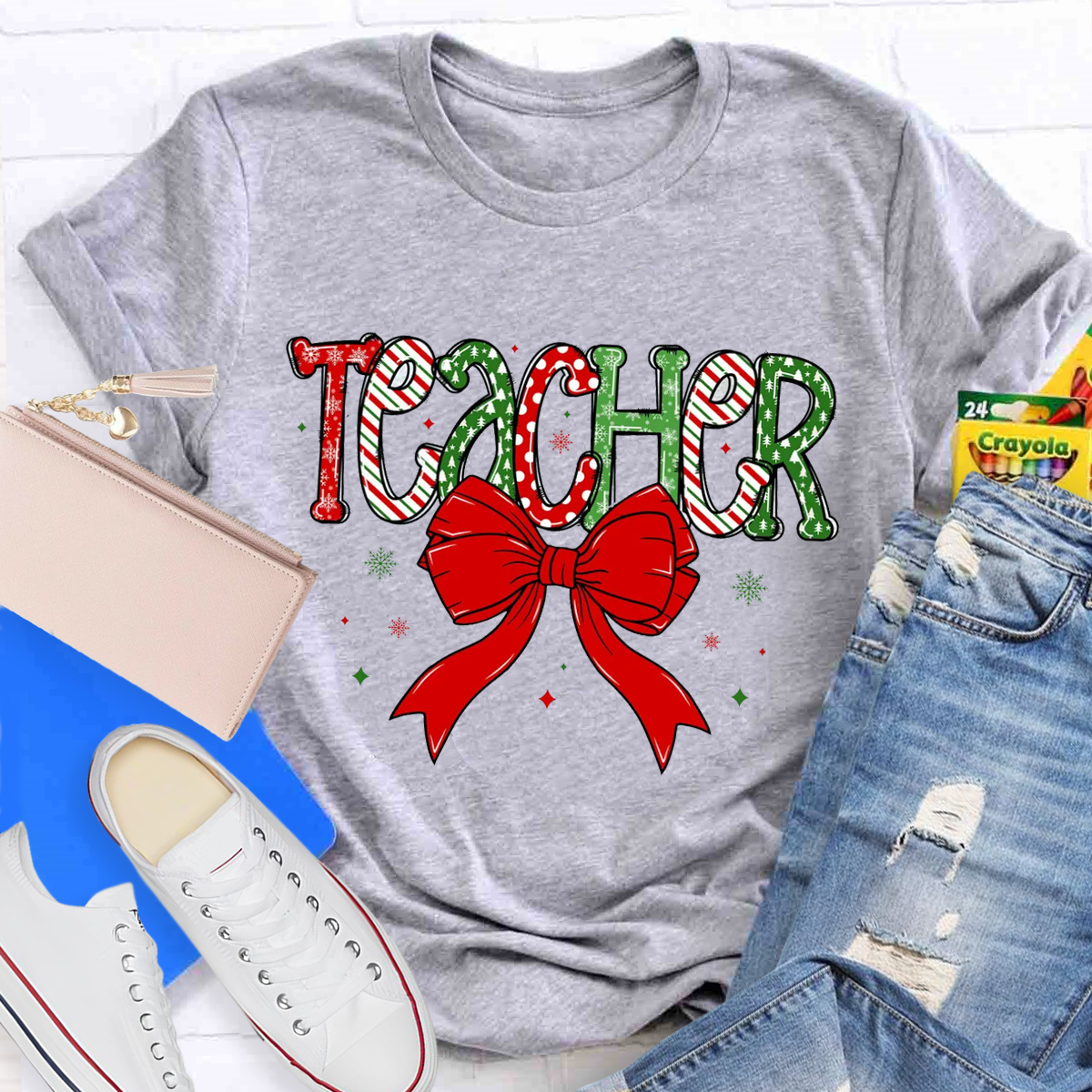 Christmas Bow Doodle Teacher T-Shirt