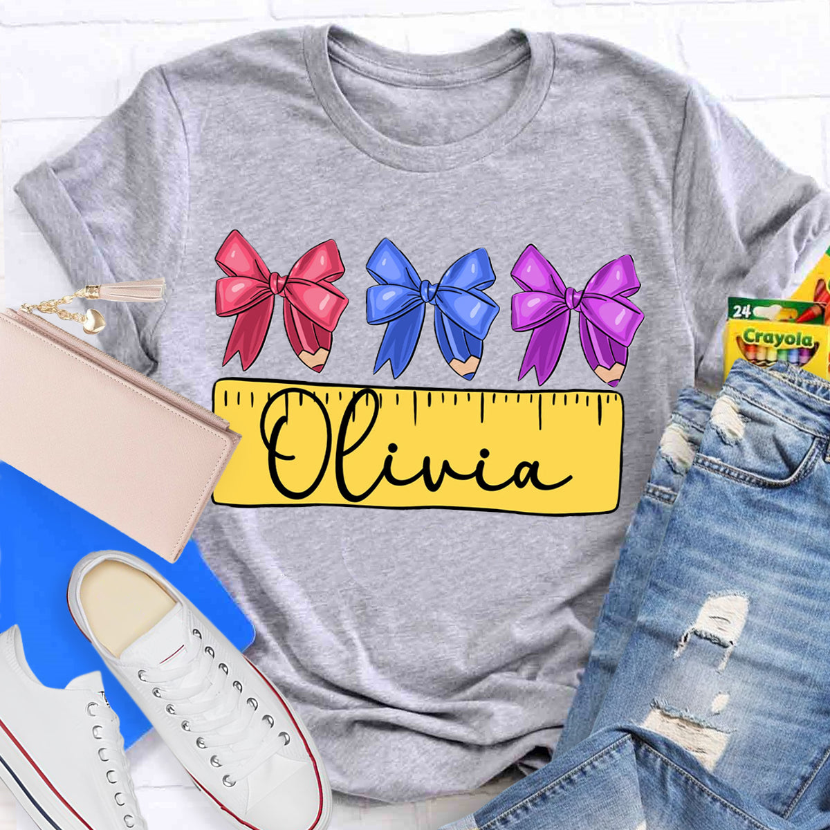 Personalized Name Bow Ruler Print Teacher T-Shirt