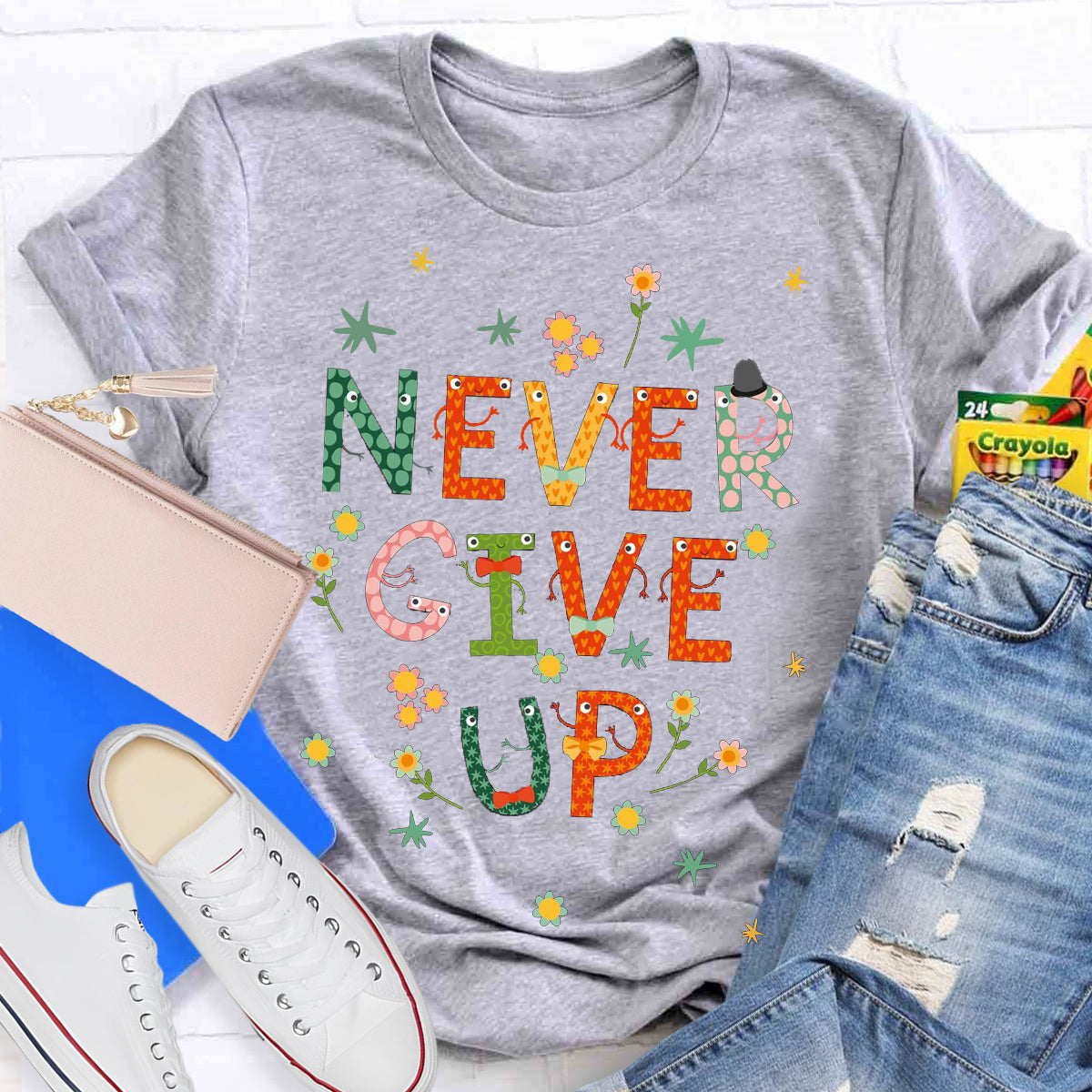 Cute Floral Never Give Up T-Shirt