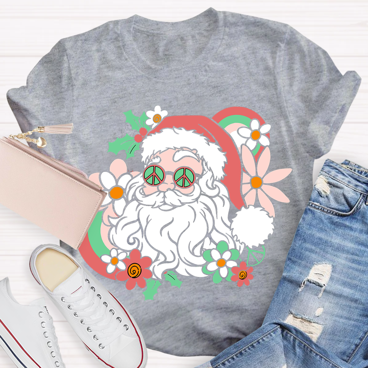 Hippie Santa Groovy Peace Christmas Teacher T-Shirt