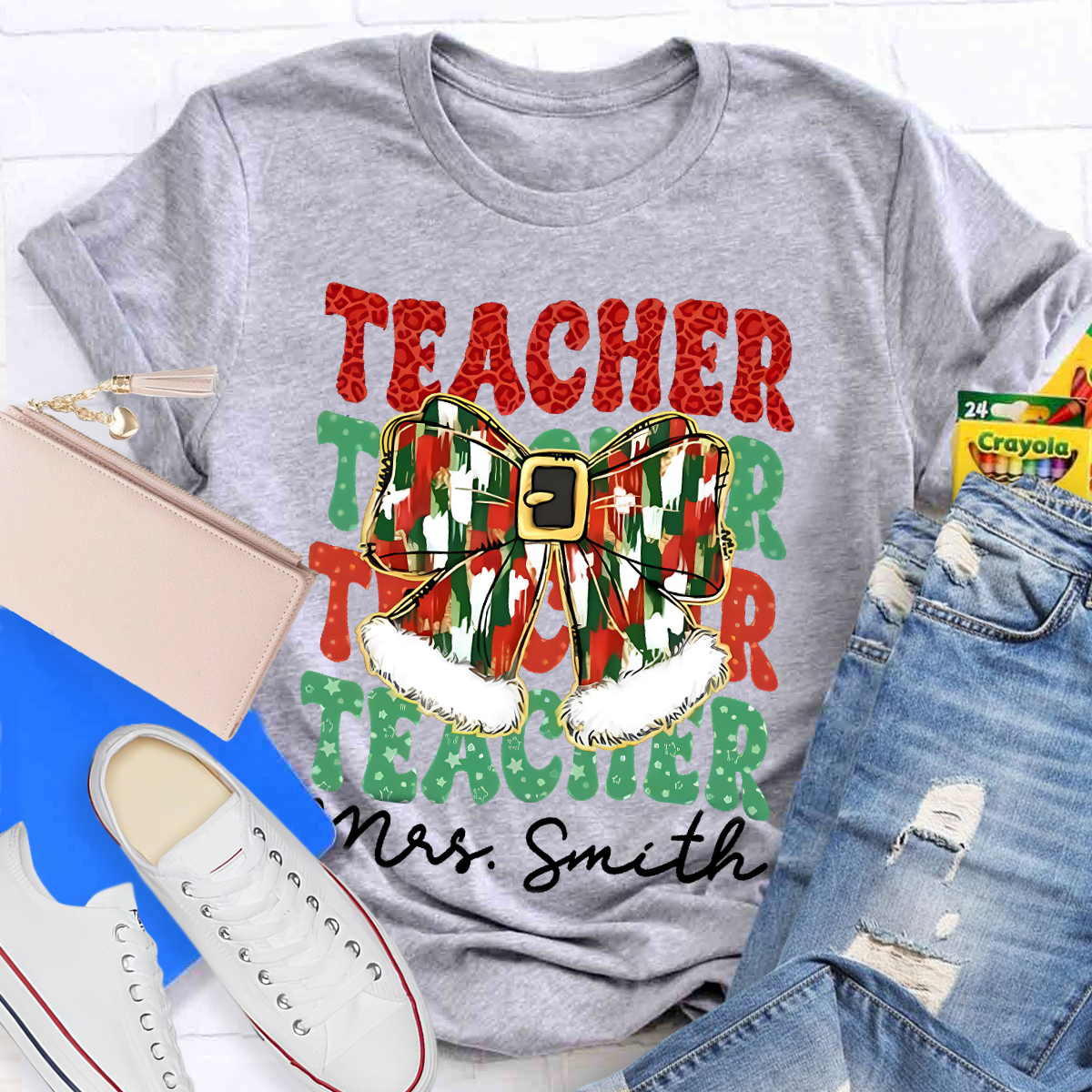 Personalized Name Bow Christmas Teacher T-Shirt