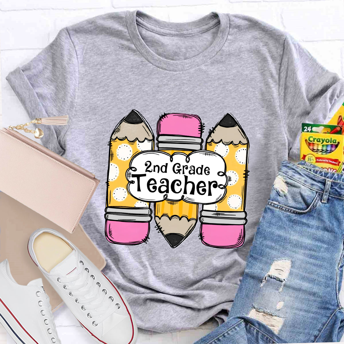 Personalized Grade Pink Pencil Printed 2nd Grade Teacher T-Shirt