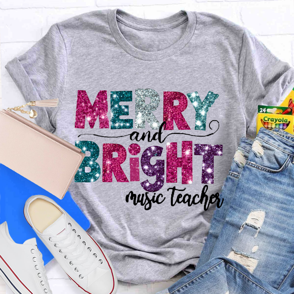 Personalized Subject Merry and Bright Teacher  T-Shirt