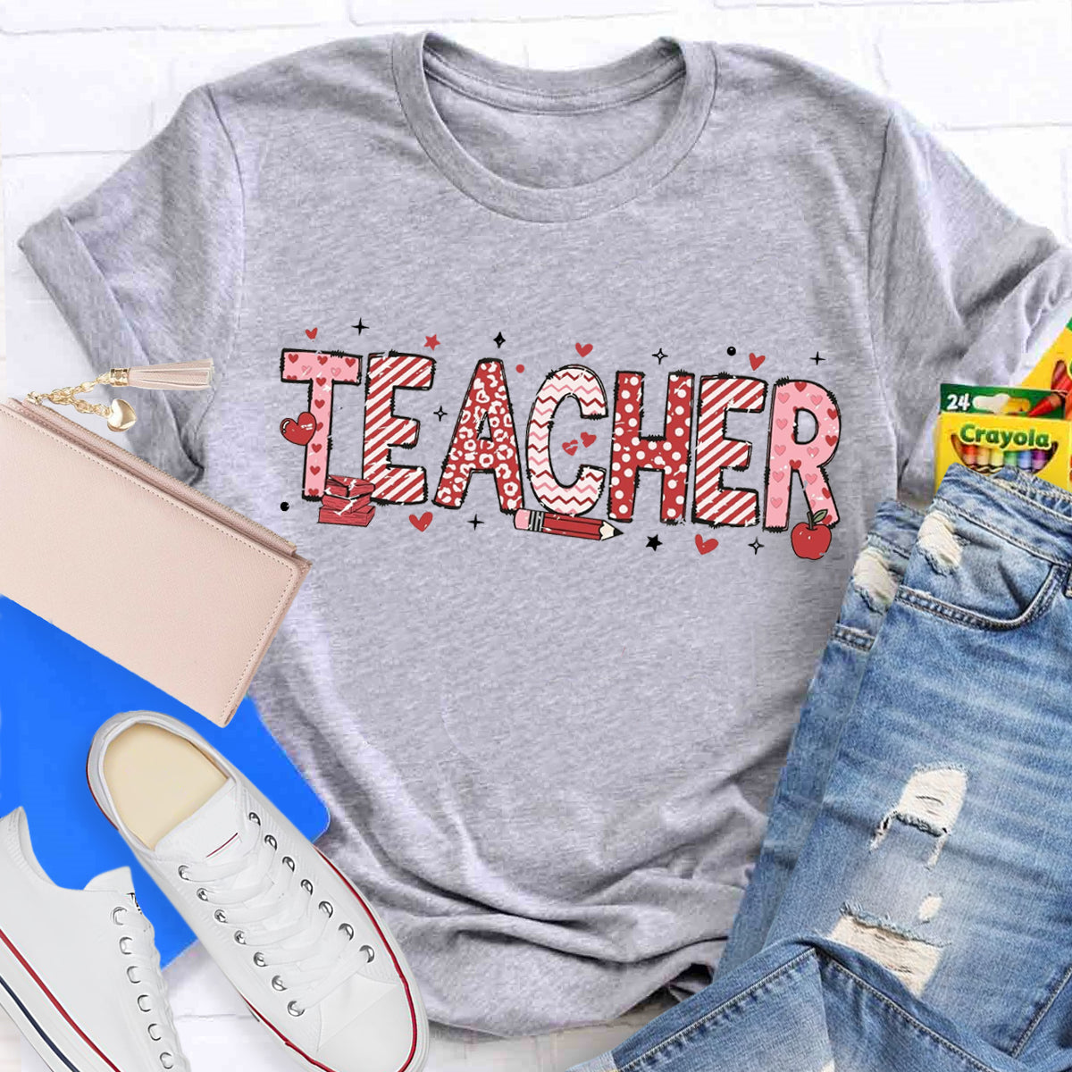 Valentine's Day Pink Heart Pencil Teacher T-Shirt