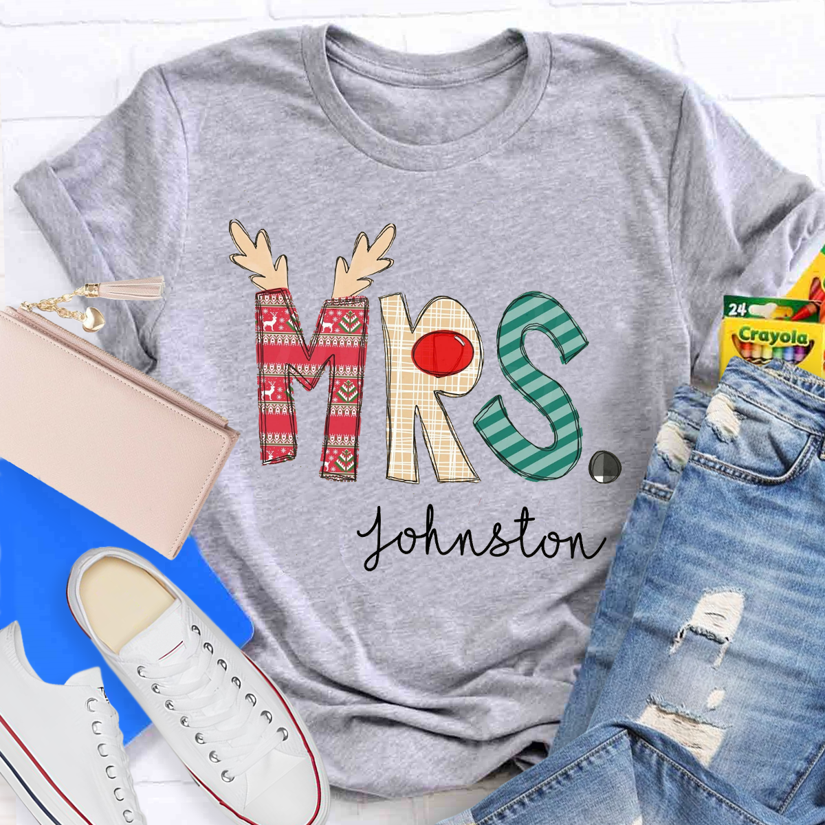 Personalized Christmas Classic Pattern Teacher Name Teacher T-Shirt