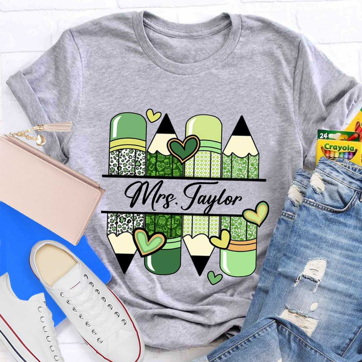 Personalized Name Green Heart Pencil Teacher T-Shirt