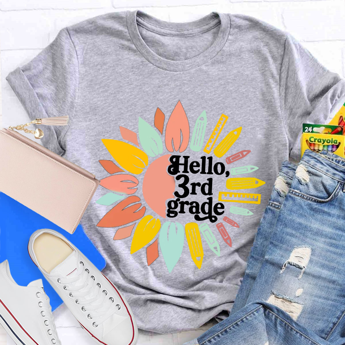 Personalized Grade Hello 3rd Grade Sunlower Teacher T-Shirt