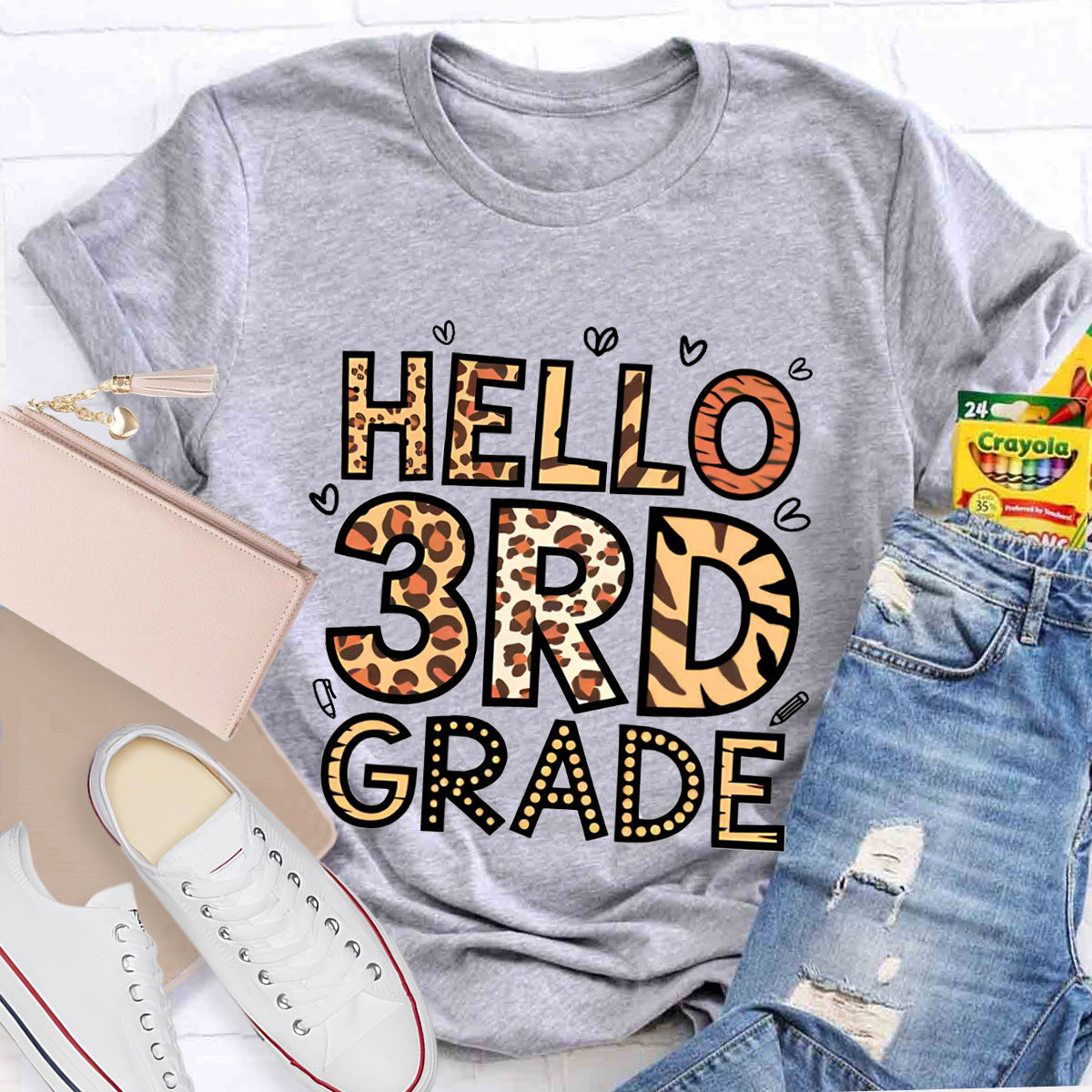 Personalized Grade Hello 3rd Grade Leopard Printed Teacher T-Shirt