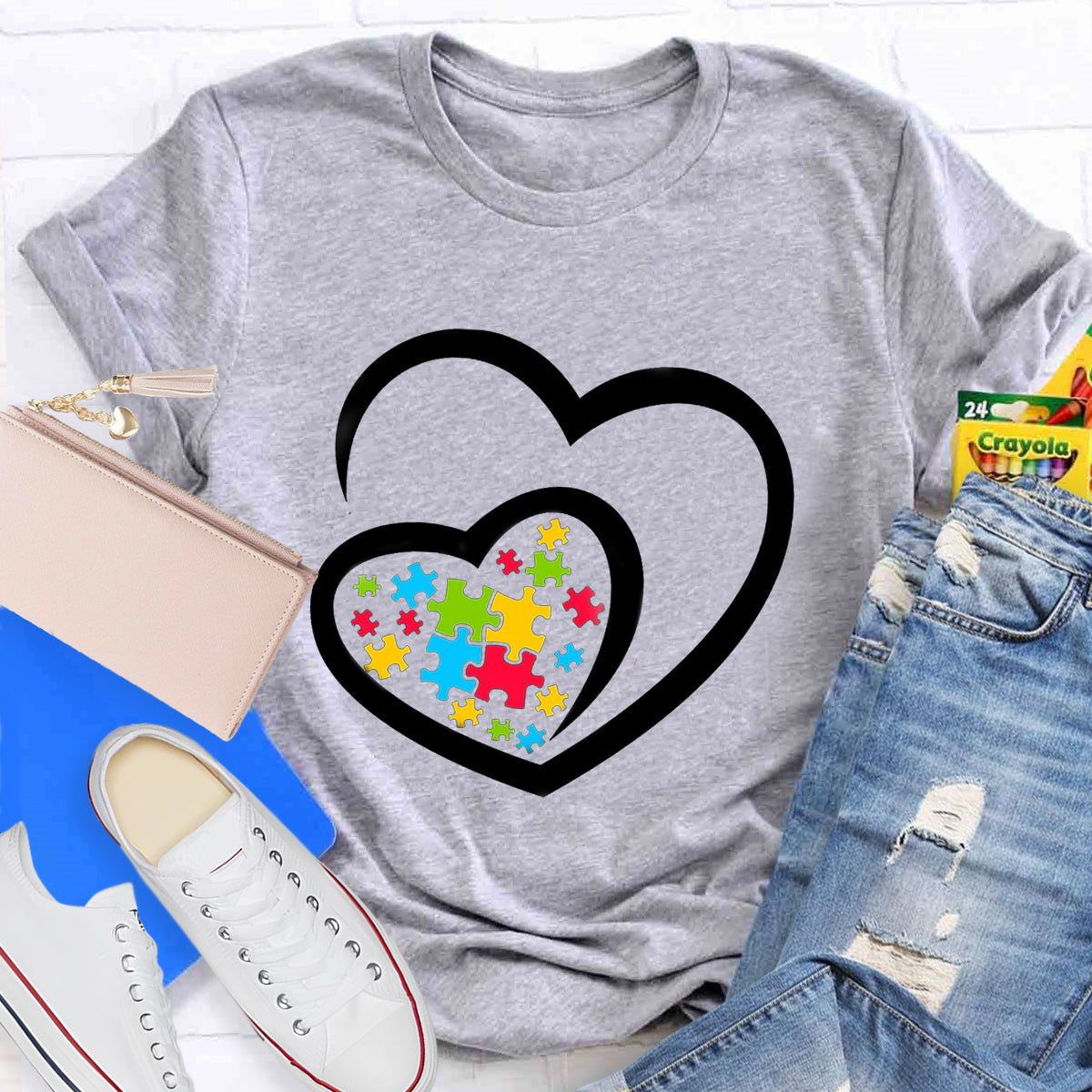 Love Ribbon Heart Puzzle Autism Awareness T-Shirt