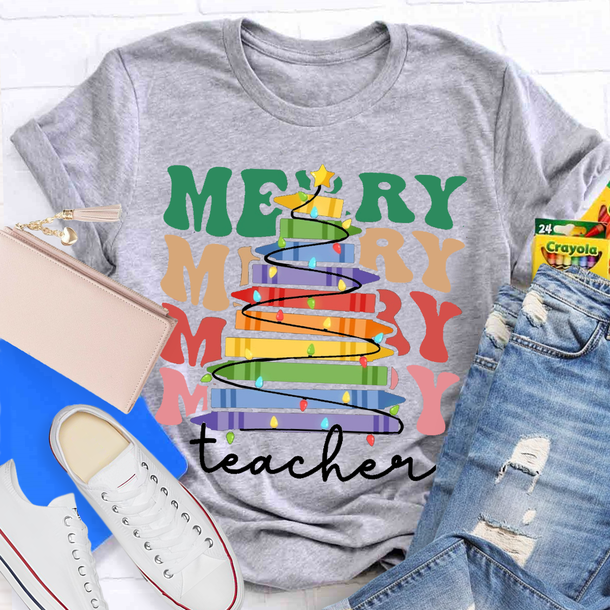 Crayon Christmas Tree Teacher T-Shirt