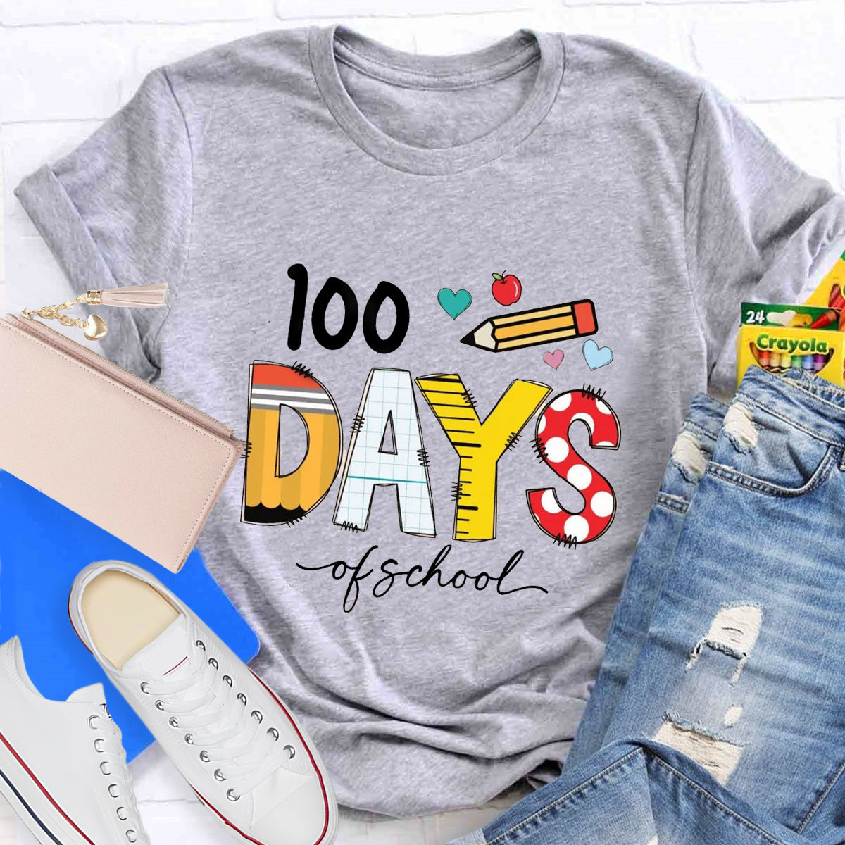 100 Days Of School Pencil Apple Teacher T-Shirt