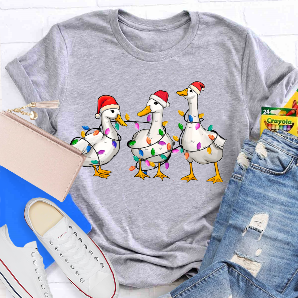 Christmas Ducks With Colorful Lights Teacher T-Shirt