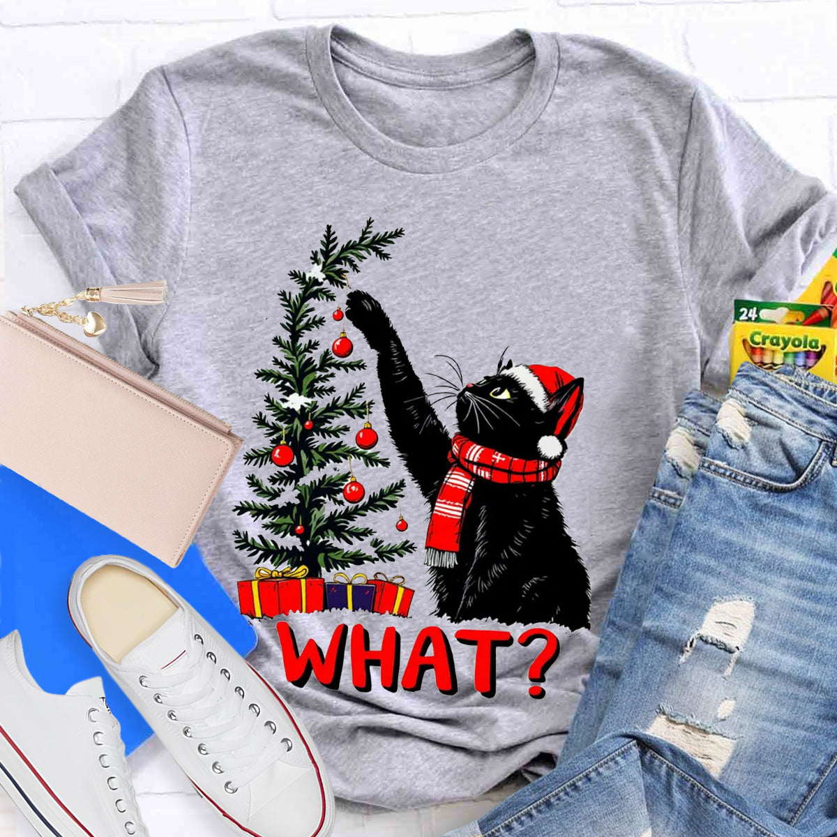 Black Cat Pushing Christmas Tree T-Shirt