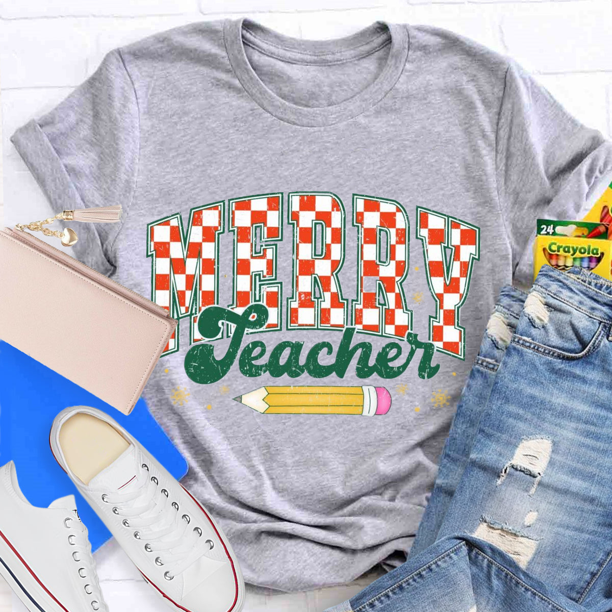 Merry Teacher Plaid Pencil T-Shirt