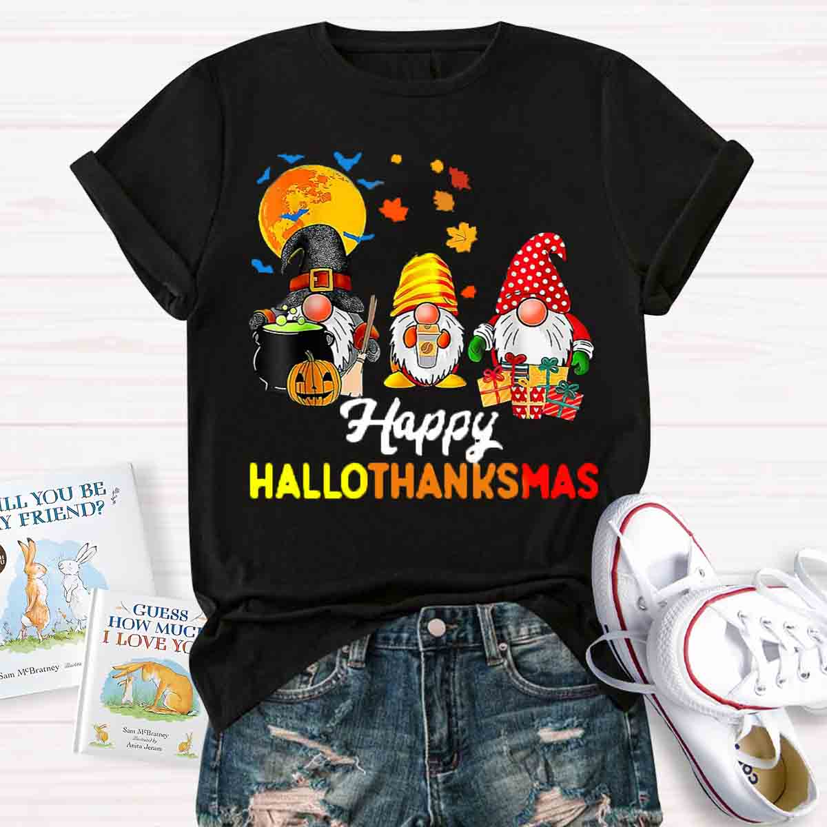 Gnomes Halloween Thanksgiving Christmas Happy Hallothanksmas T-shirt