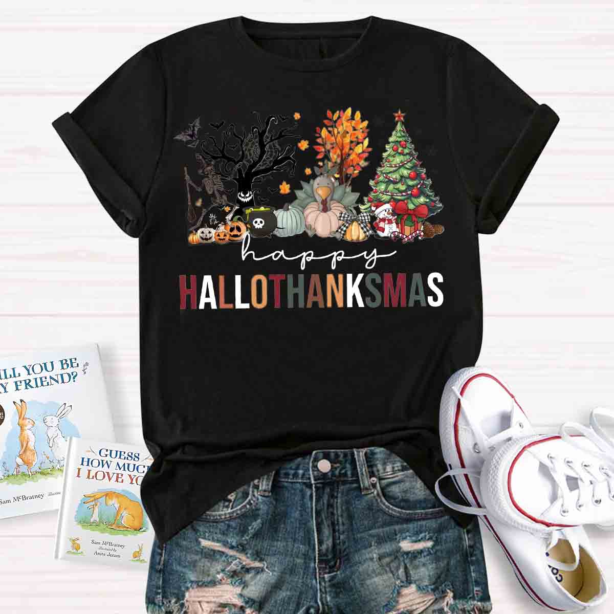 Happy Hallothanksmas Halloween Fall and Christmas T-shirt