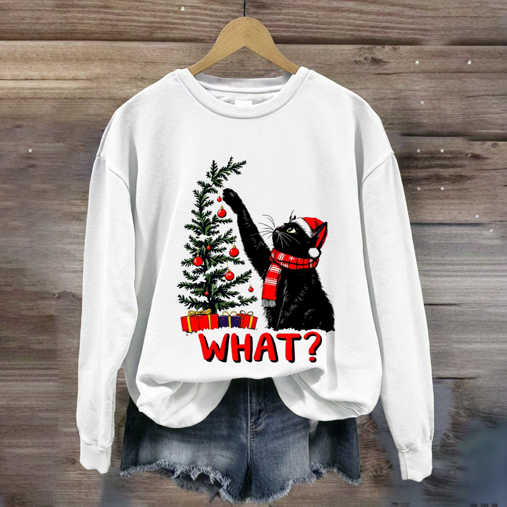 Black Cat Pushing Christmas Tree Sweatshirt