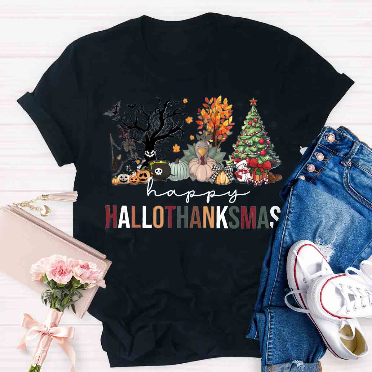 Happy Hallothanksmas Halloween Fall and Christmas T-shirt