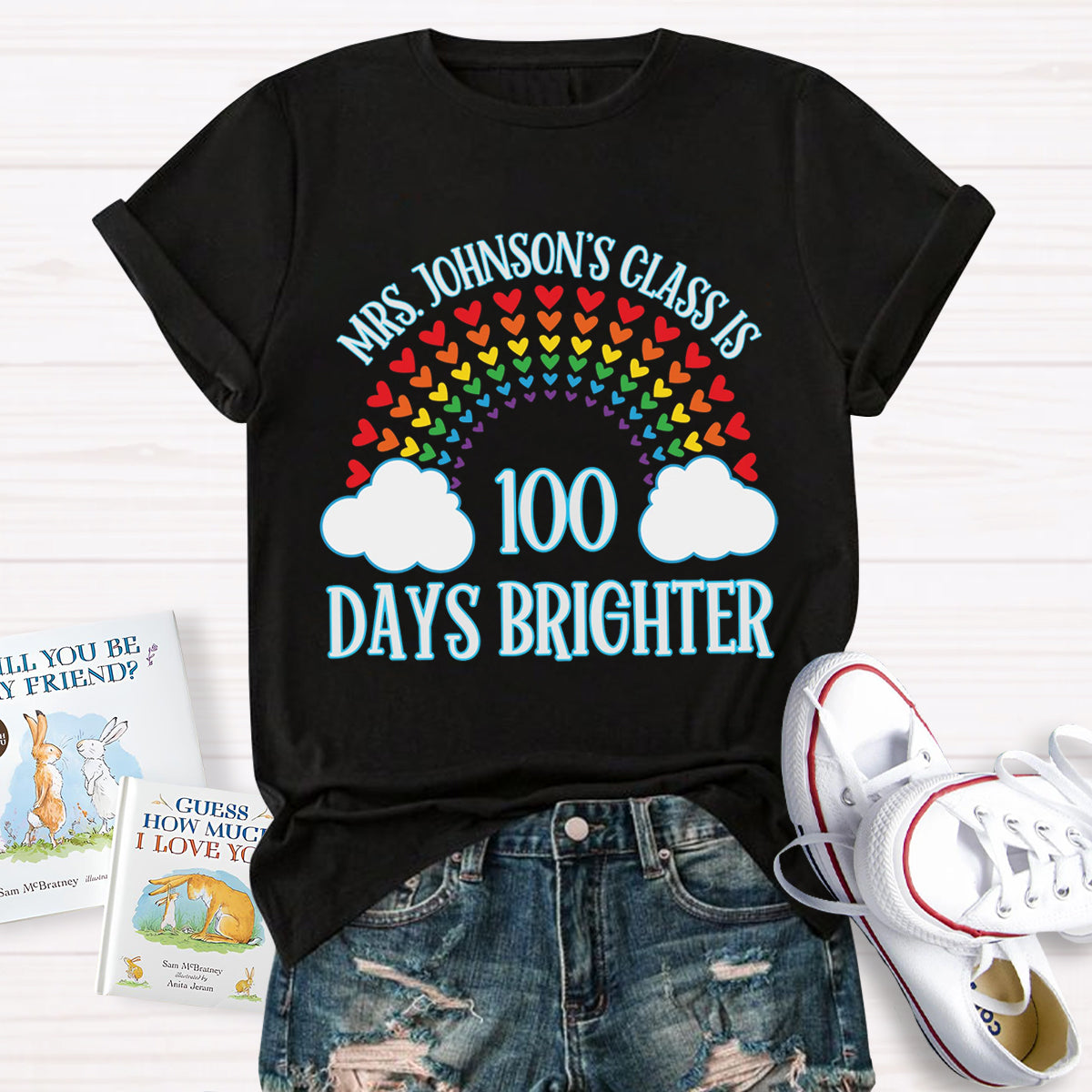 Personalized Name Teacher Class 100 Days Brighter T-Shirt