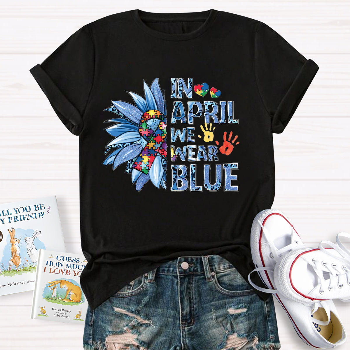 In April We Wear Blue Autism Awareness Puzzle Piece T-Shirt