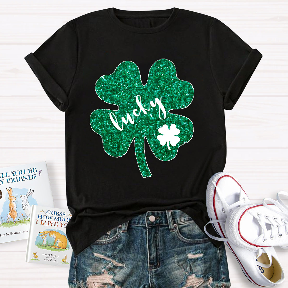 Green Glitter Shamrock Lucky Teacher T-Shirt