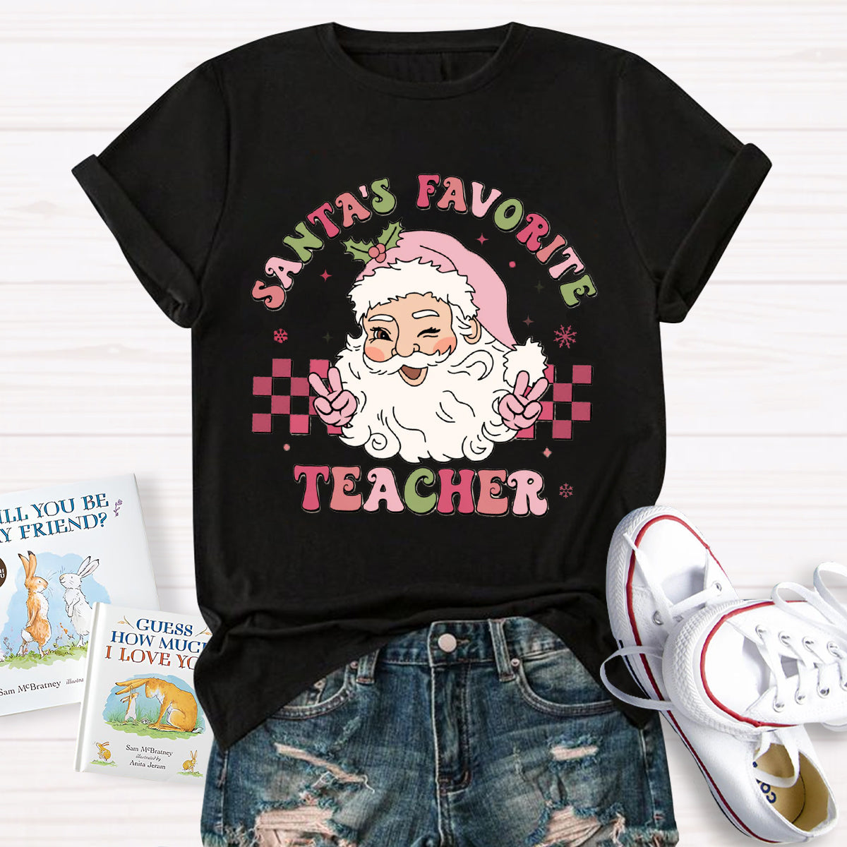 Santa's Favorite Teacher Pink Santa Claus T-Shirt