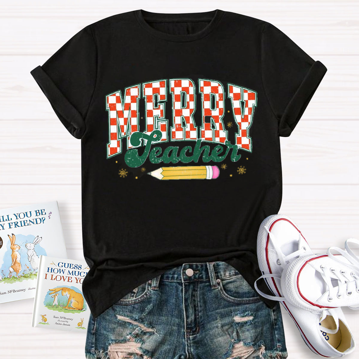 Merry Teacher Plaid Pencil T-Shirt