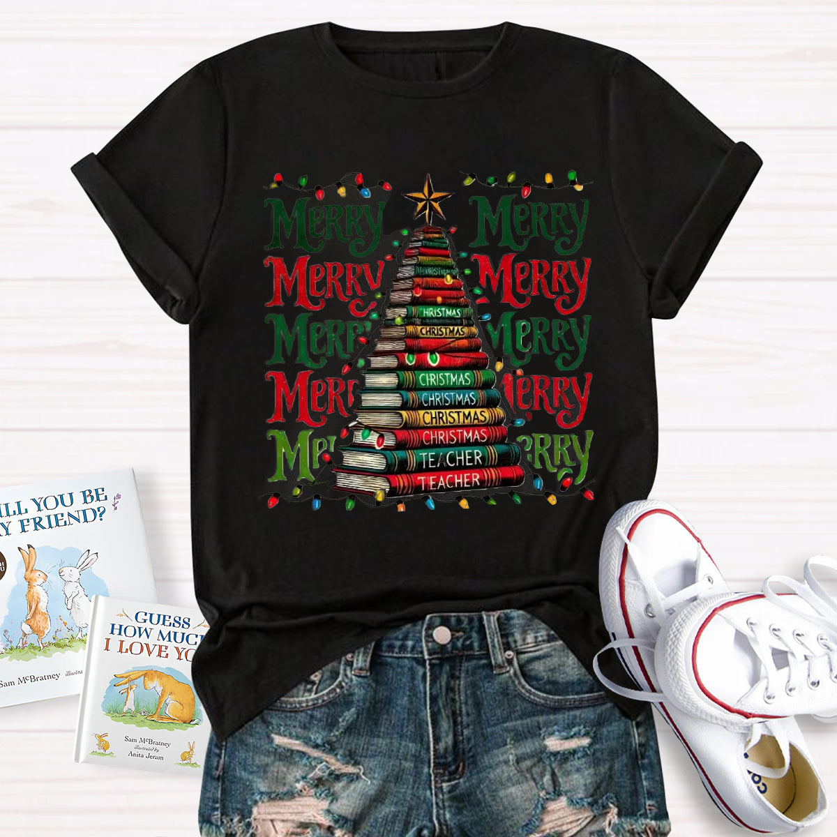 Merry Christmas Book Tree Teacher T-Shirt