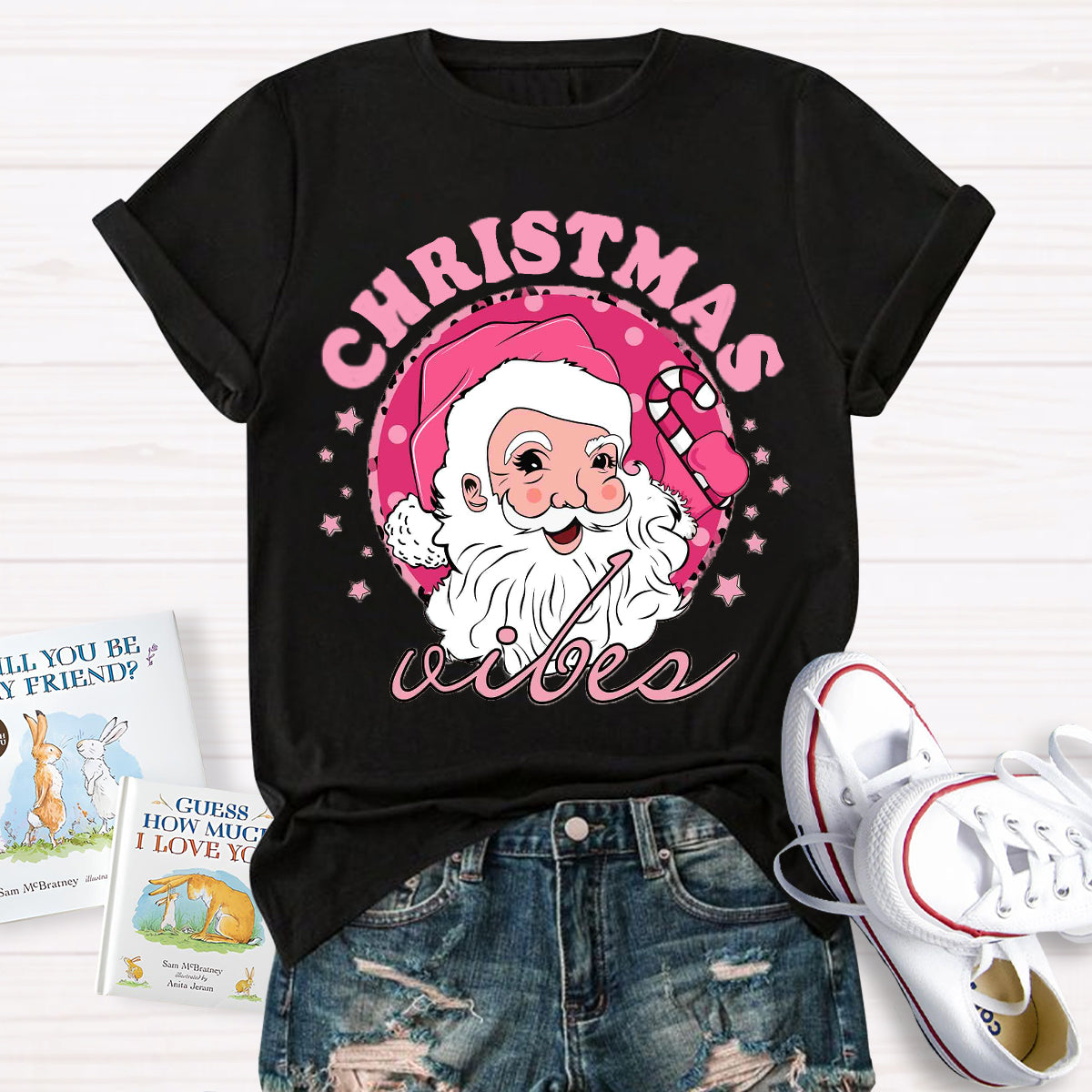 Christmas Vibes Pink Santa Claus T-Shirt