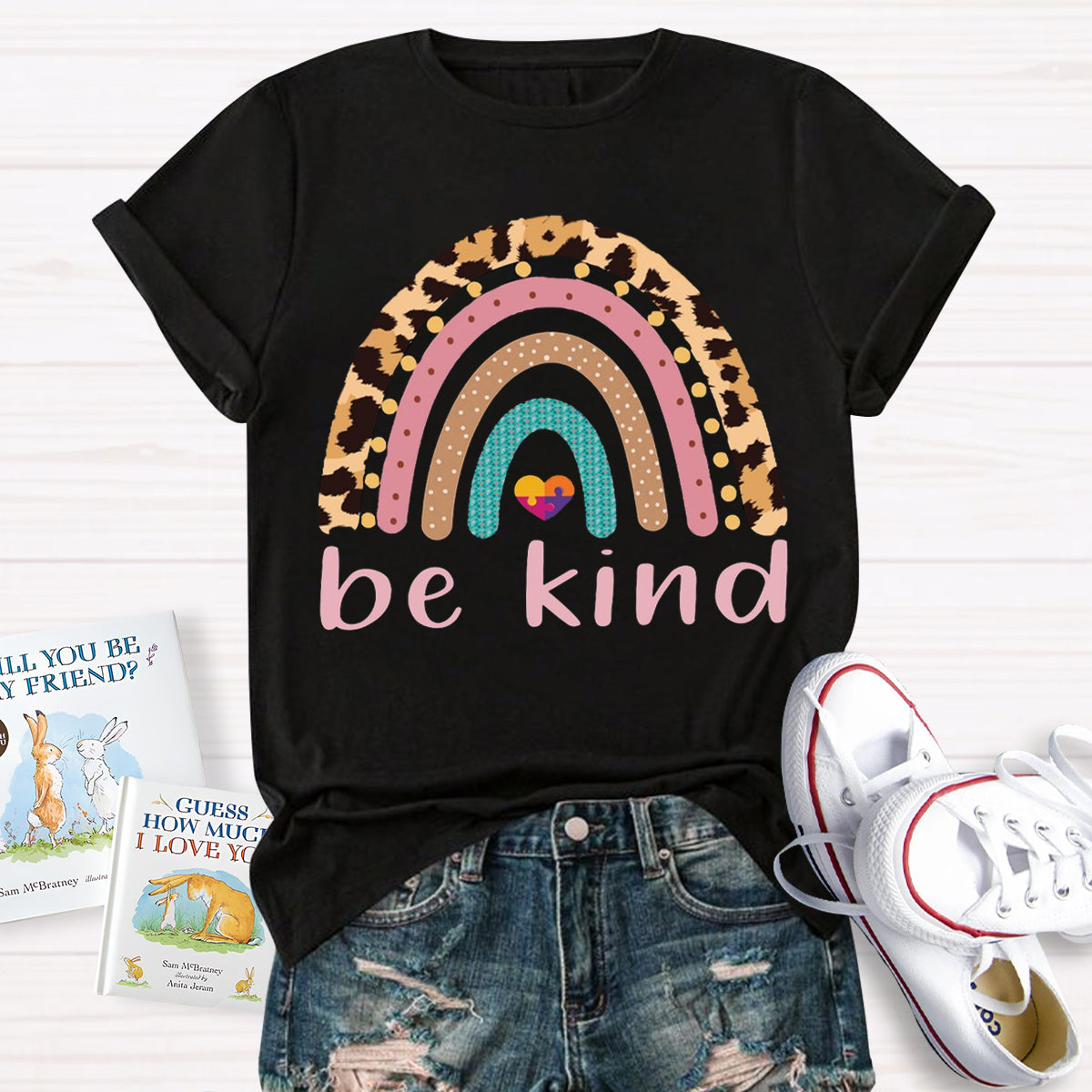 Be Kind Leopard Rainbow Colorful Heart T-Shirt