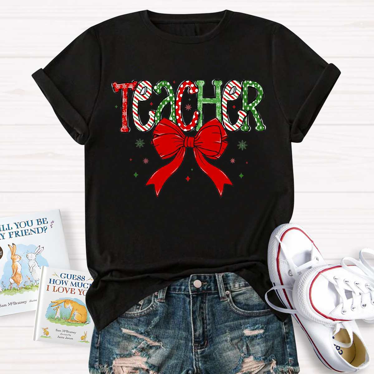 Christmas Bow Doodle Teacher T-Shirt