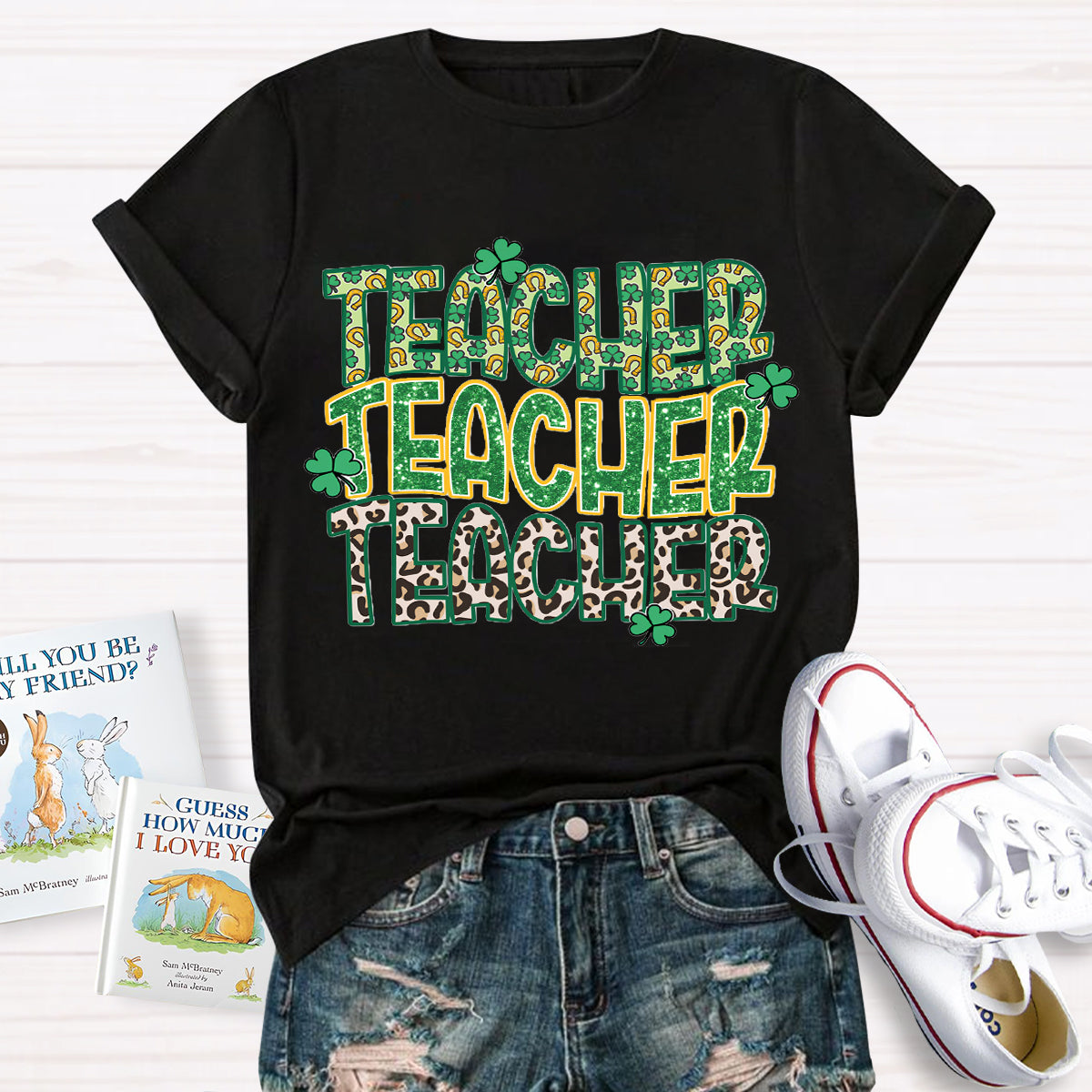 Green Clover Leopard Print Design Teacher T-Shirt