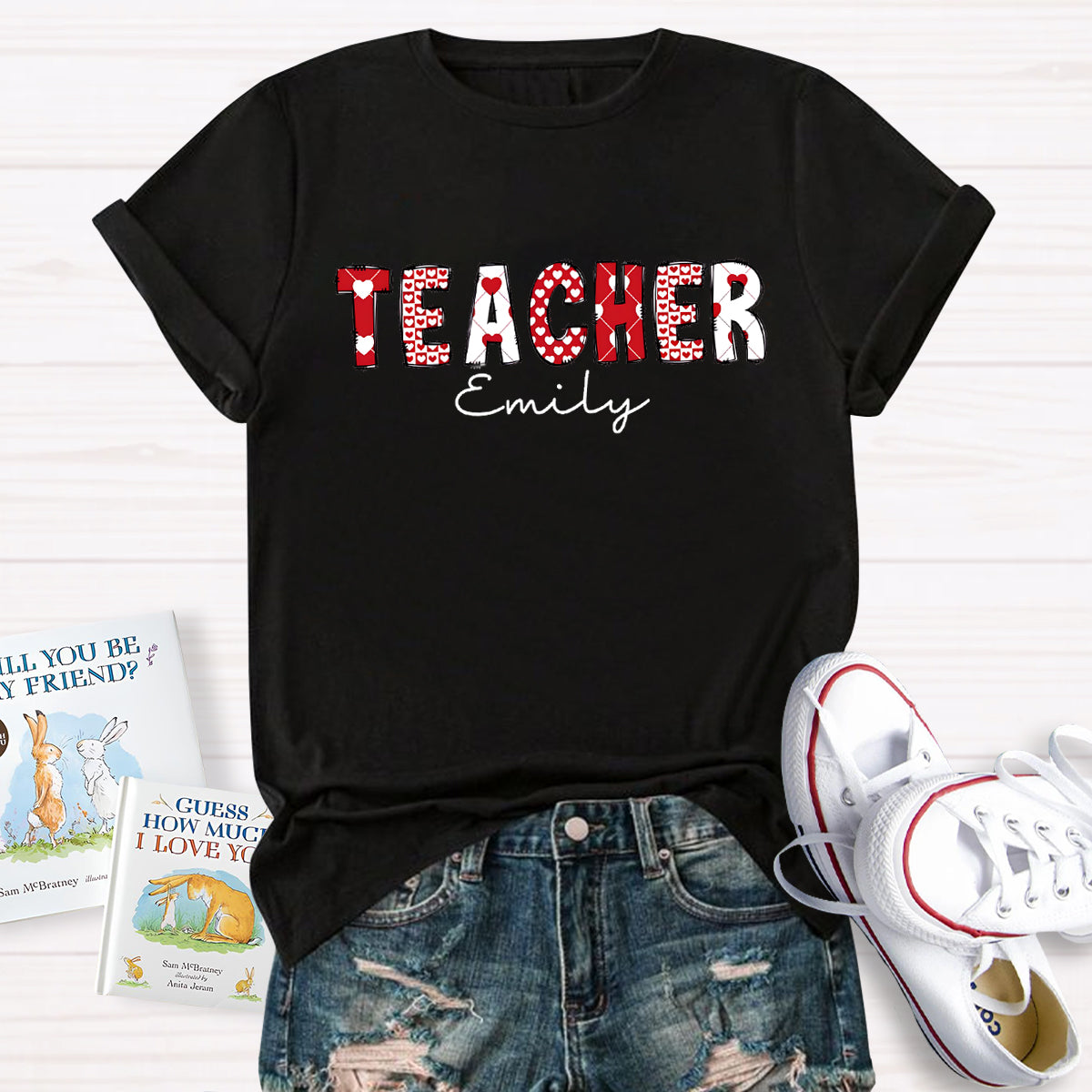 Personalized Name Pink Heart Printed Teacher T-Shirt