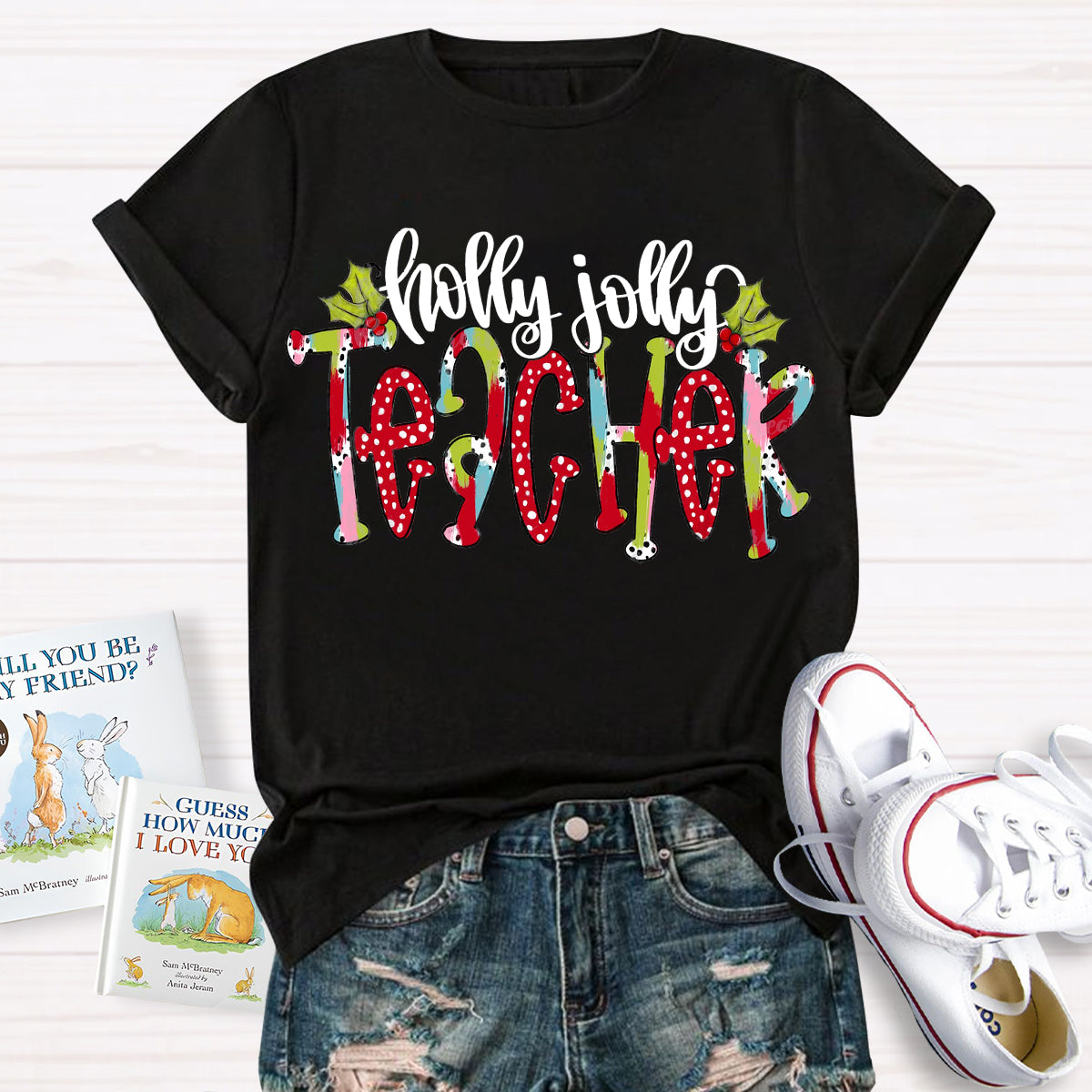 Holly Jolly Teacher Christmas Brushstrokes Dalmatian Dots Hand Lettered Teacher T-Shirt