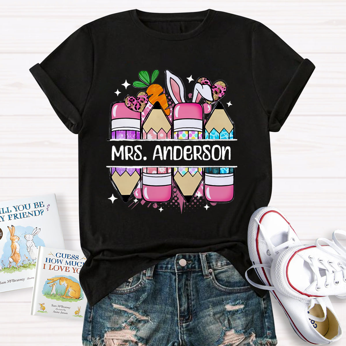 Personalized Name Cute Easter Pencils Teacher T-Shirt