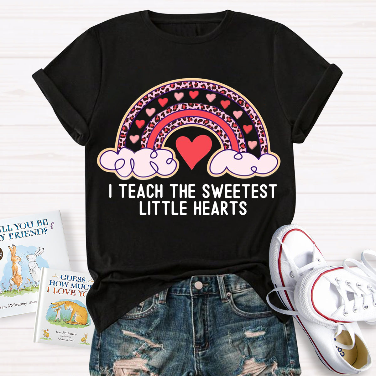 I Teach The Sweetest Little Hearts Rainbow Teacher Valentines Day T-Shirt