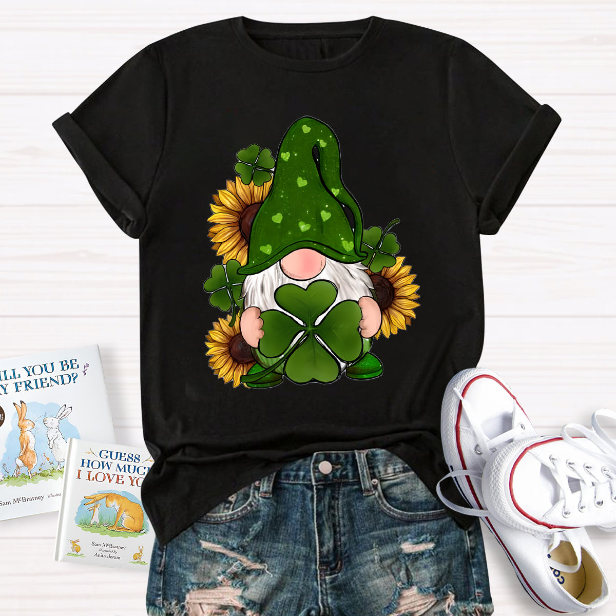 St. Patricks Day Gnome With Sunflowers Teacher T-Shirt