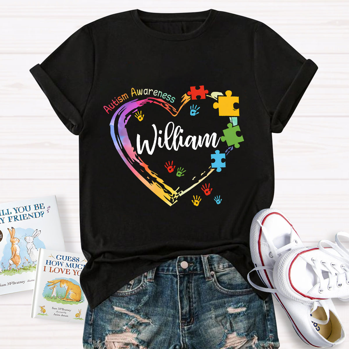 Personalized Name Autism Colorful Heart Teacher T-Shirt